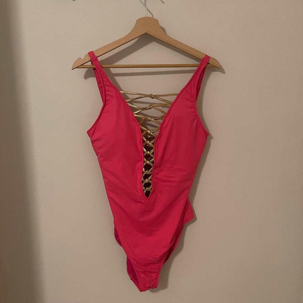 Pink One Piece Swim Suit with Gold Knots NWOT